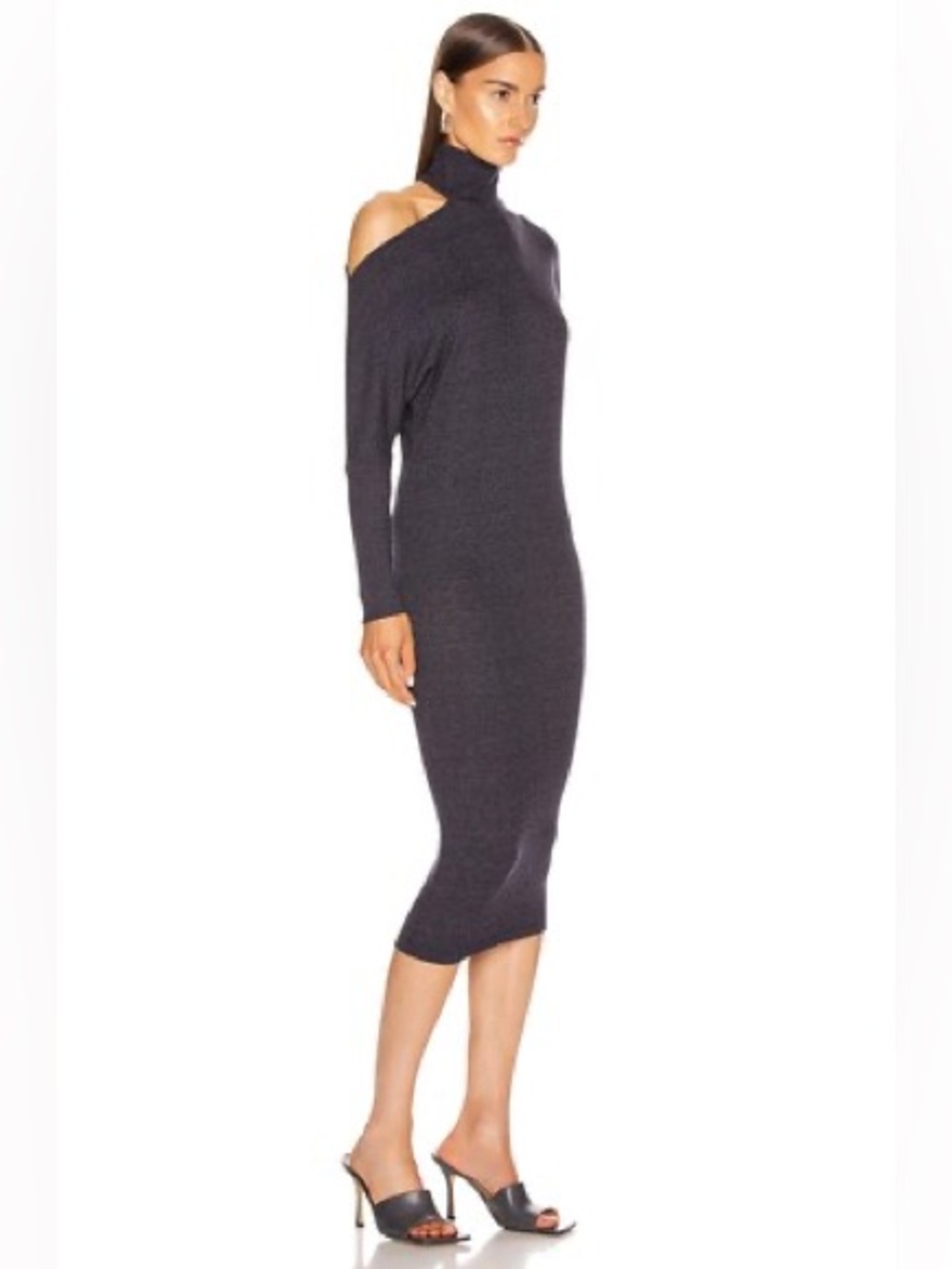 Enza Costa One Heather Rib Exposed Shoulder Mock Midi Dress in Ink Navy